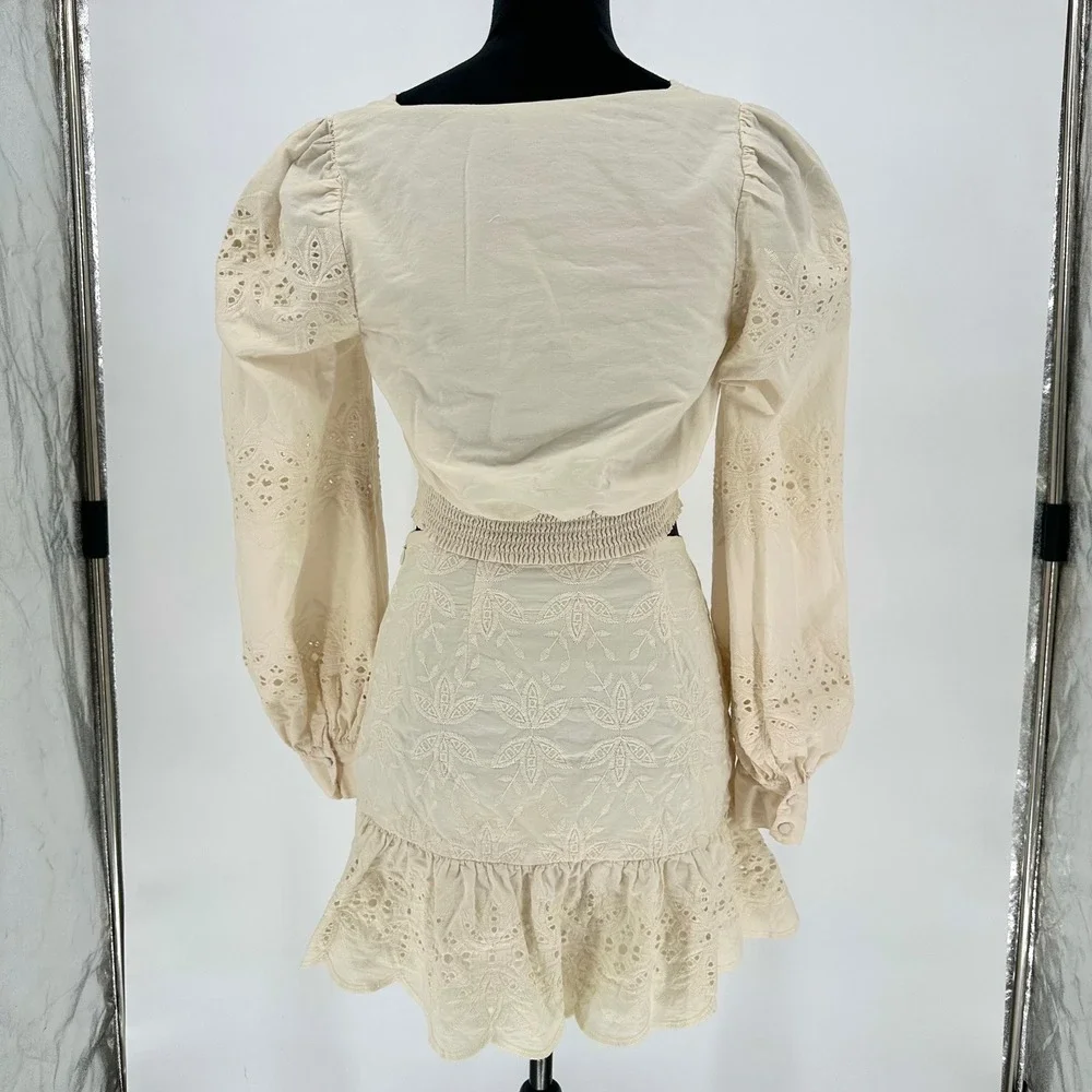 Express 2 Pc Ivory Embroidered Eyelet Ruffle Mini Skirt Cropped Scalloped Top S4